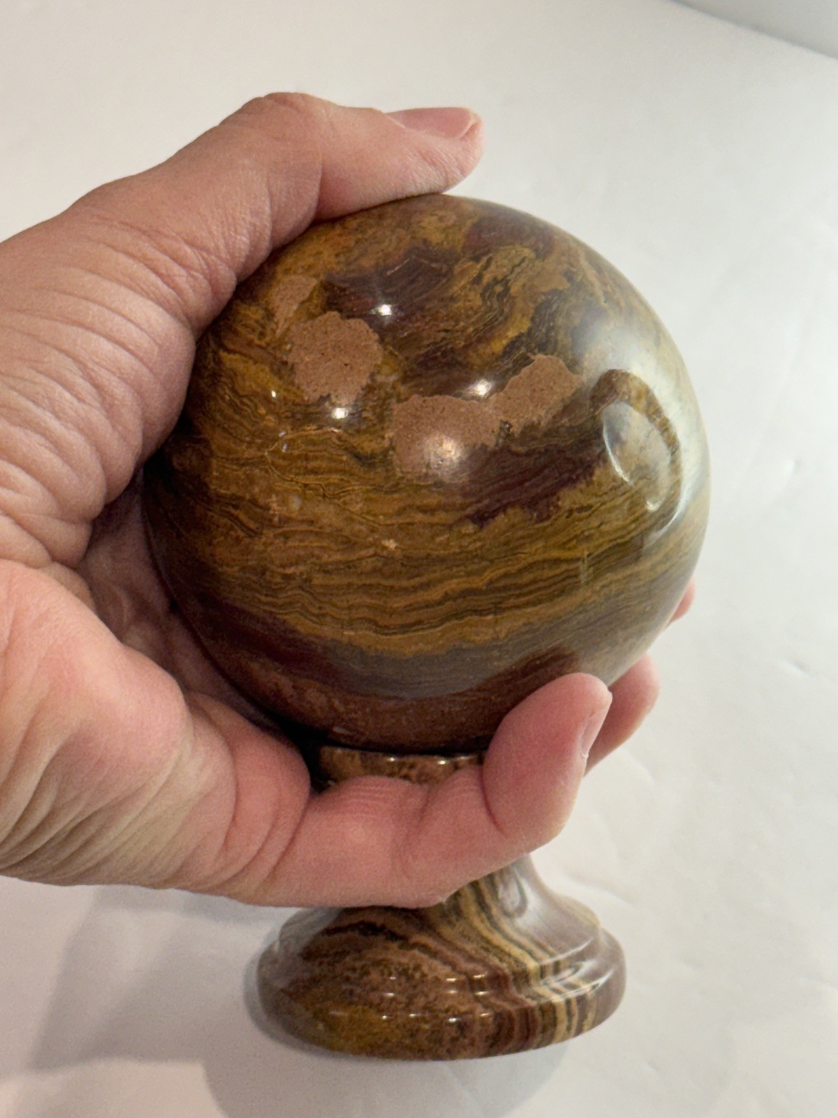 Collector-Grade Banded 🤎 Brown Onyx Sphere on Pedestal • 631g Natural Stone