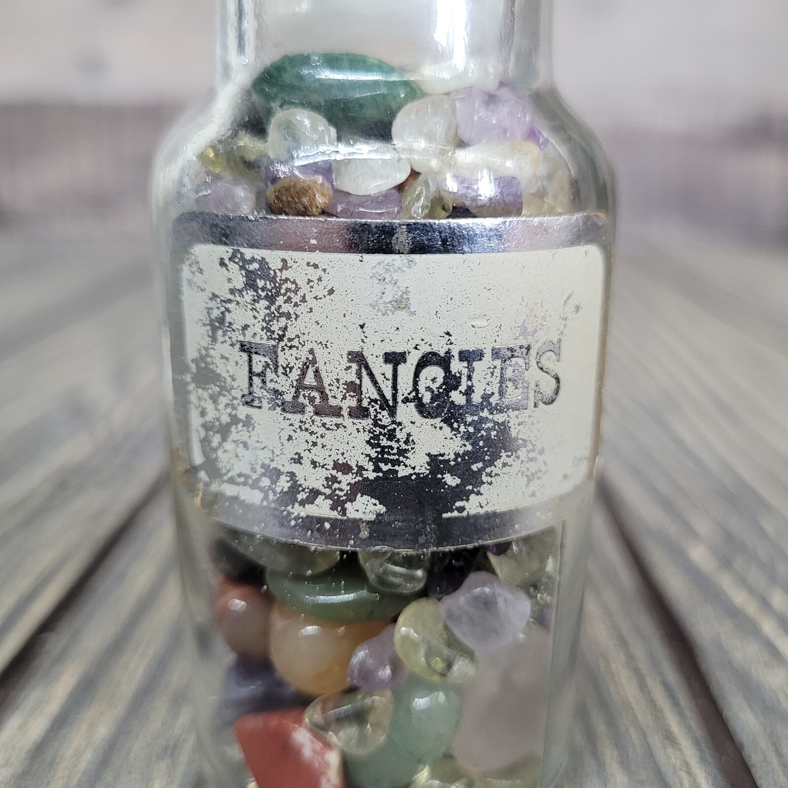 4oz Crystal Tumbles in Apothecary Vintage Glass Jar “Fancies” Label Wagner Spice