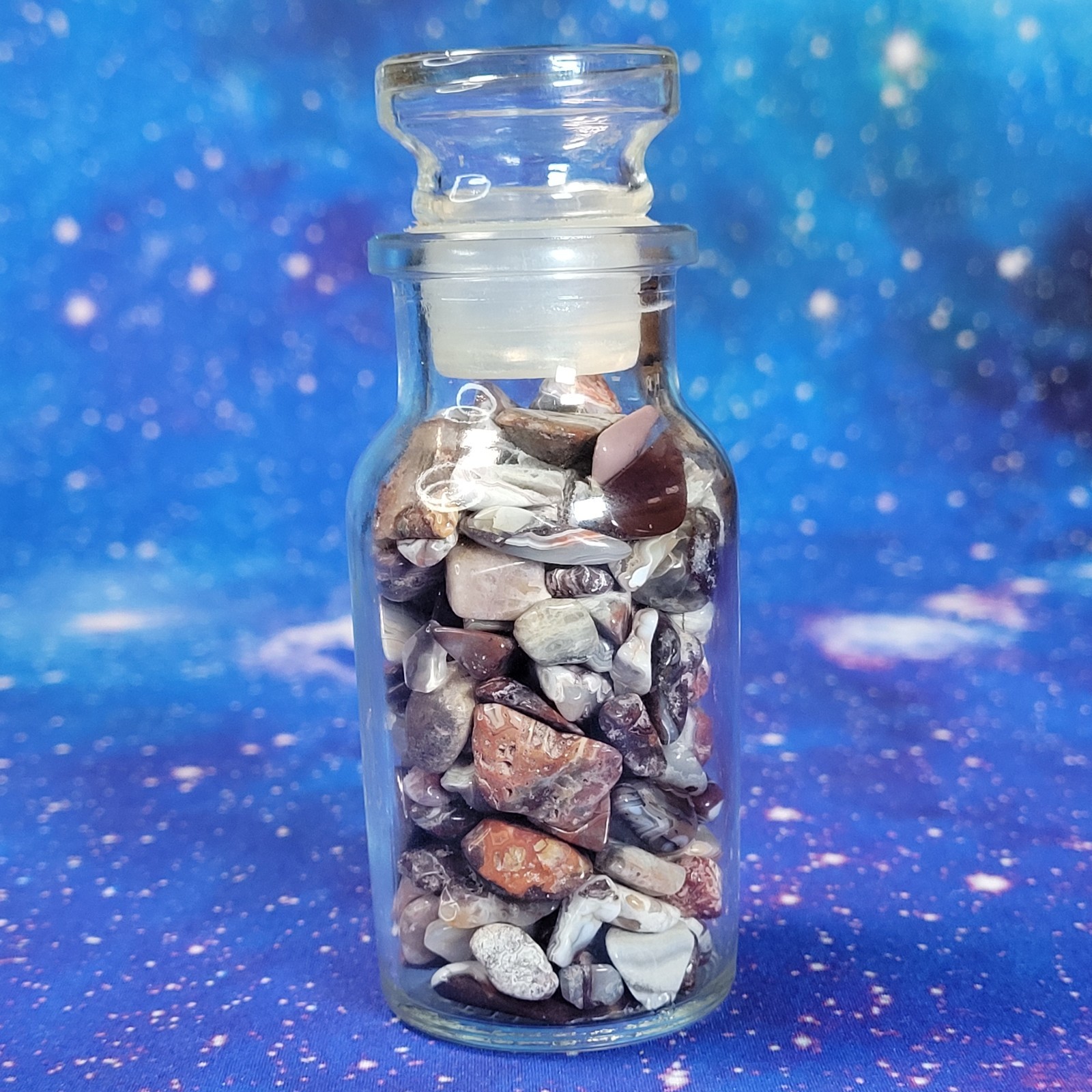 Mexican Crazy Lace Agate Stone Tumbles in Vintage 4 oz Apothecary Glass Jar
