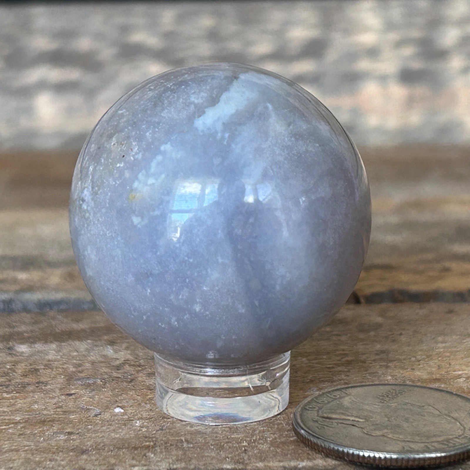 Gray Chalcedony Sphere 35mm – Soft Blue Gray Crystal Ball with Stand
