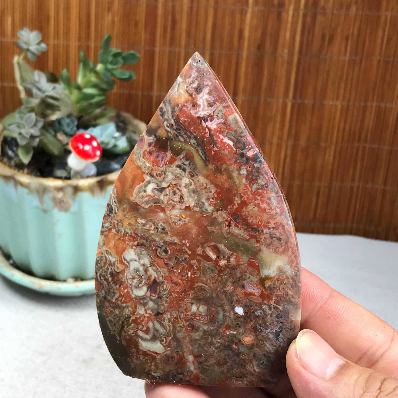 Natural money Mexico agate hand carve leaf Crystal Specimen free standing A6274