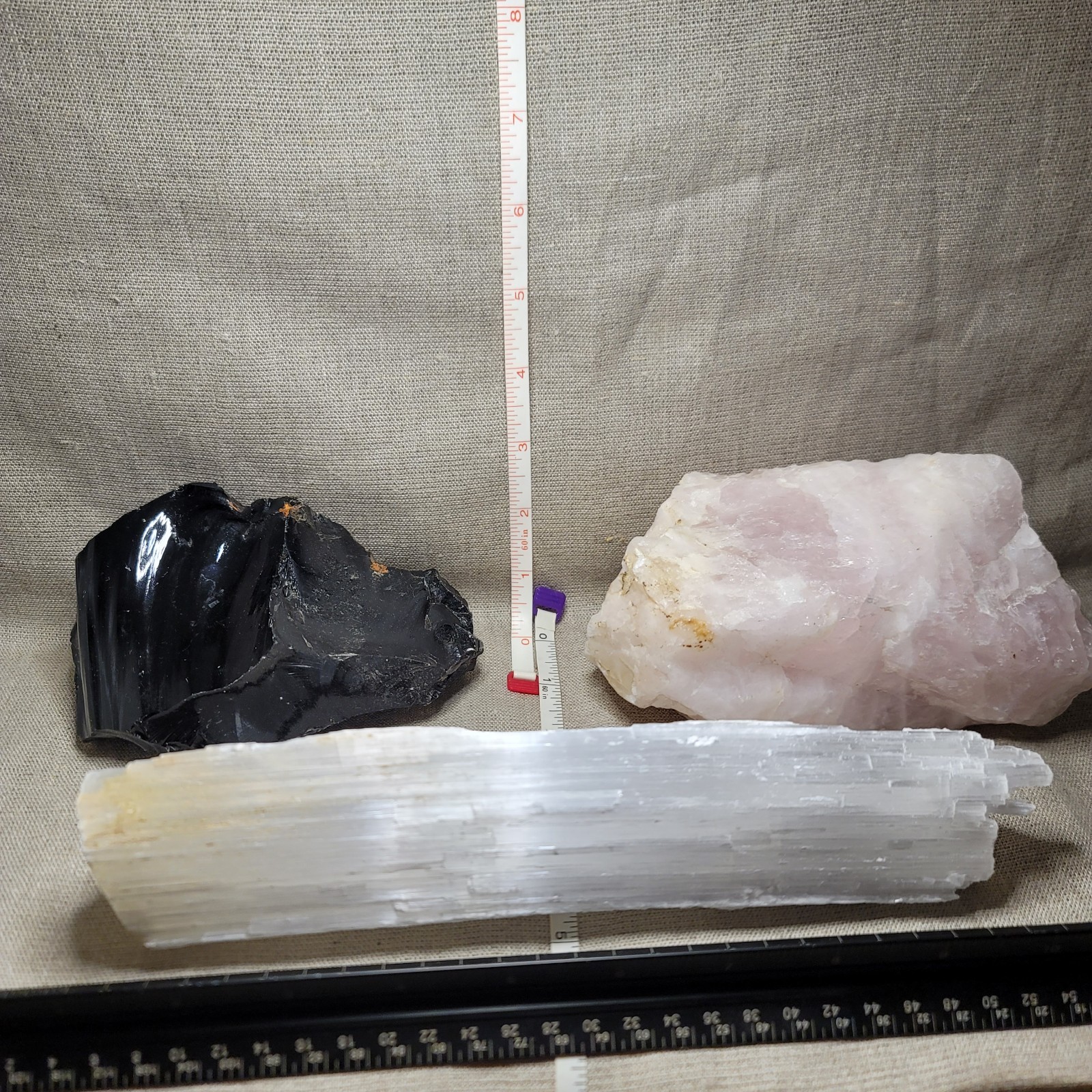 5.46 Lb 3 pcs Crystal Assortment Rough Obsidian Rose Quartz Selenite Bulk Bundle