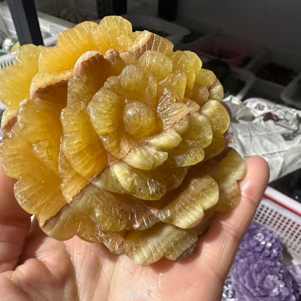 1PC Natural Yellow Calcite Quartz Carved Flower Skull Crystal Reiki Decor Gift