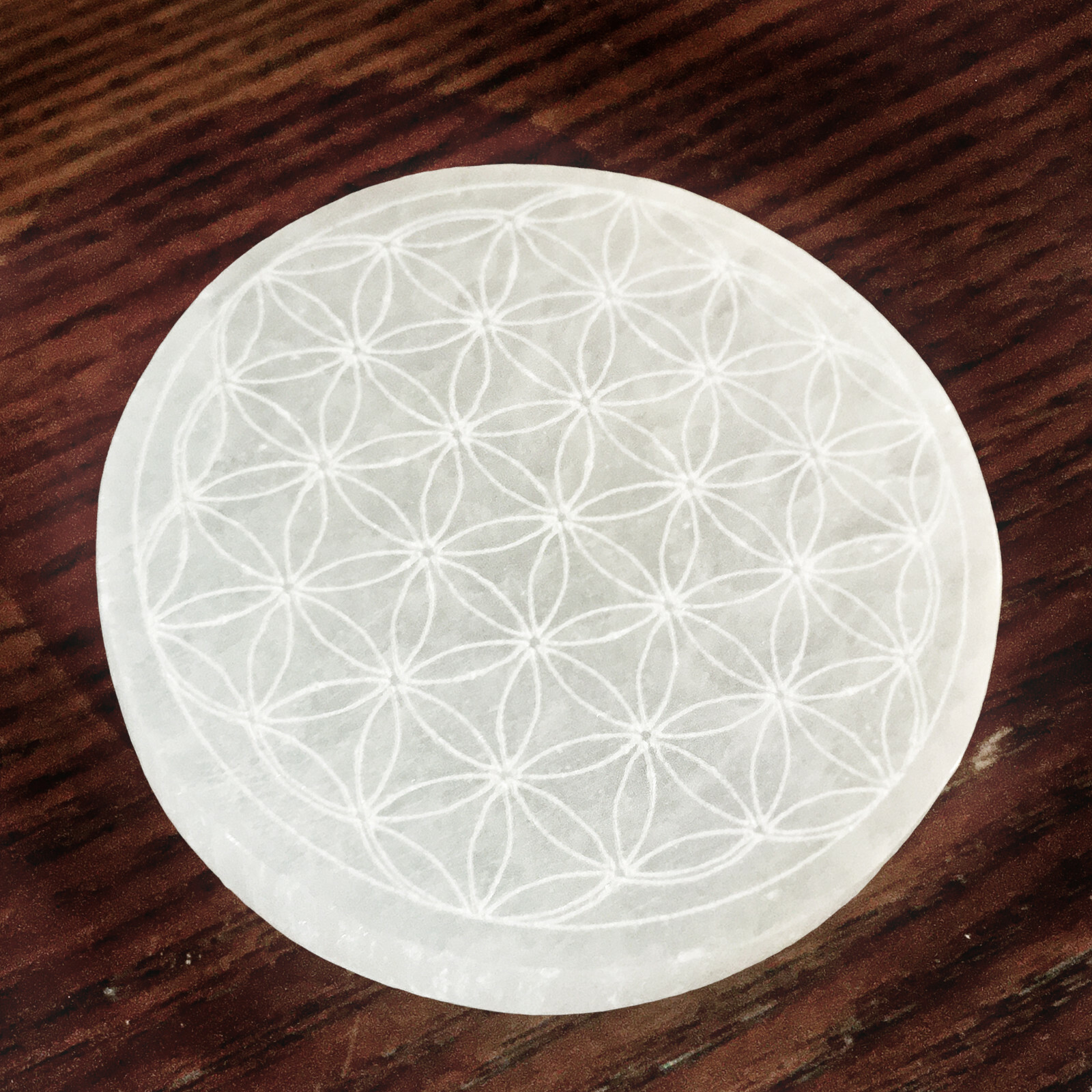 Selenite Crystal Charging Plate 3 ” Sacred Geometry Engraved Circle Disc Reiki
