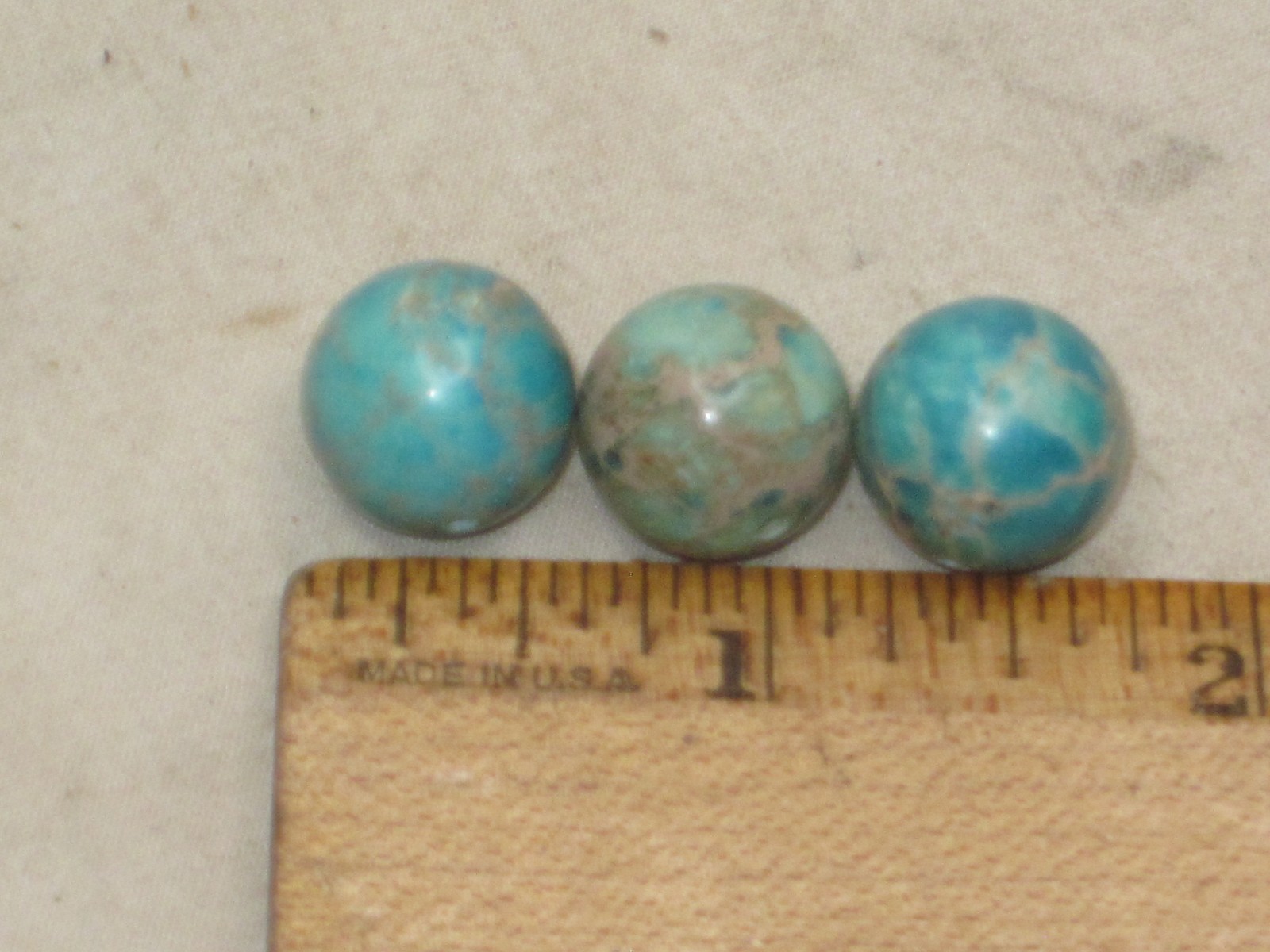 3 small polished turquoise ? spheres sphere orb marble balls ball w/ center hole