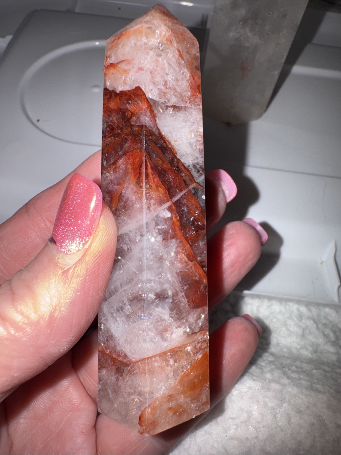 Imperfect Tower Duo. Fire Quartz And Quartz With Fire And Epidote Inclusion