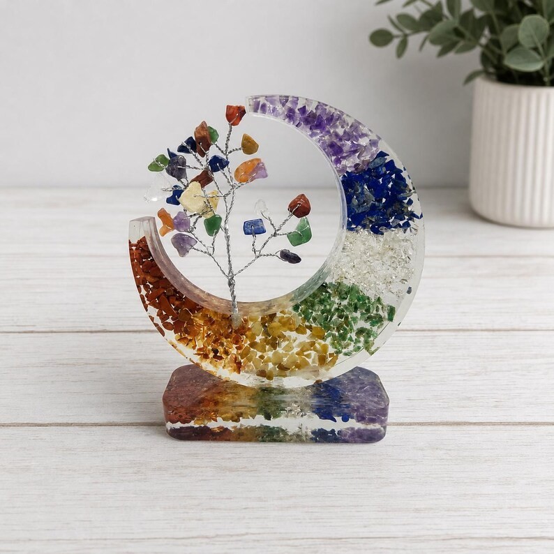 7 Chakra Gemstone Tree Sculpture, Crescent Moon Spiritual Decor, Reiki Healing
