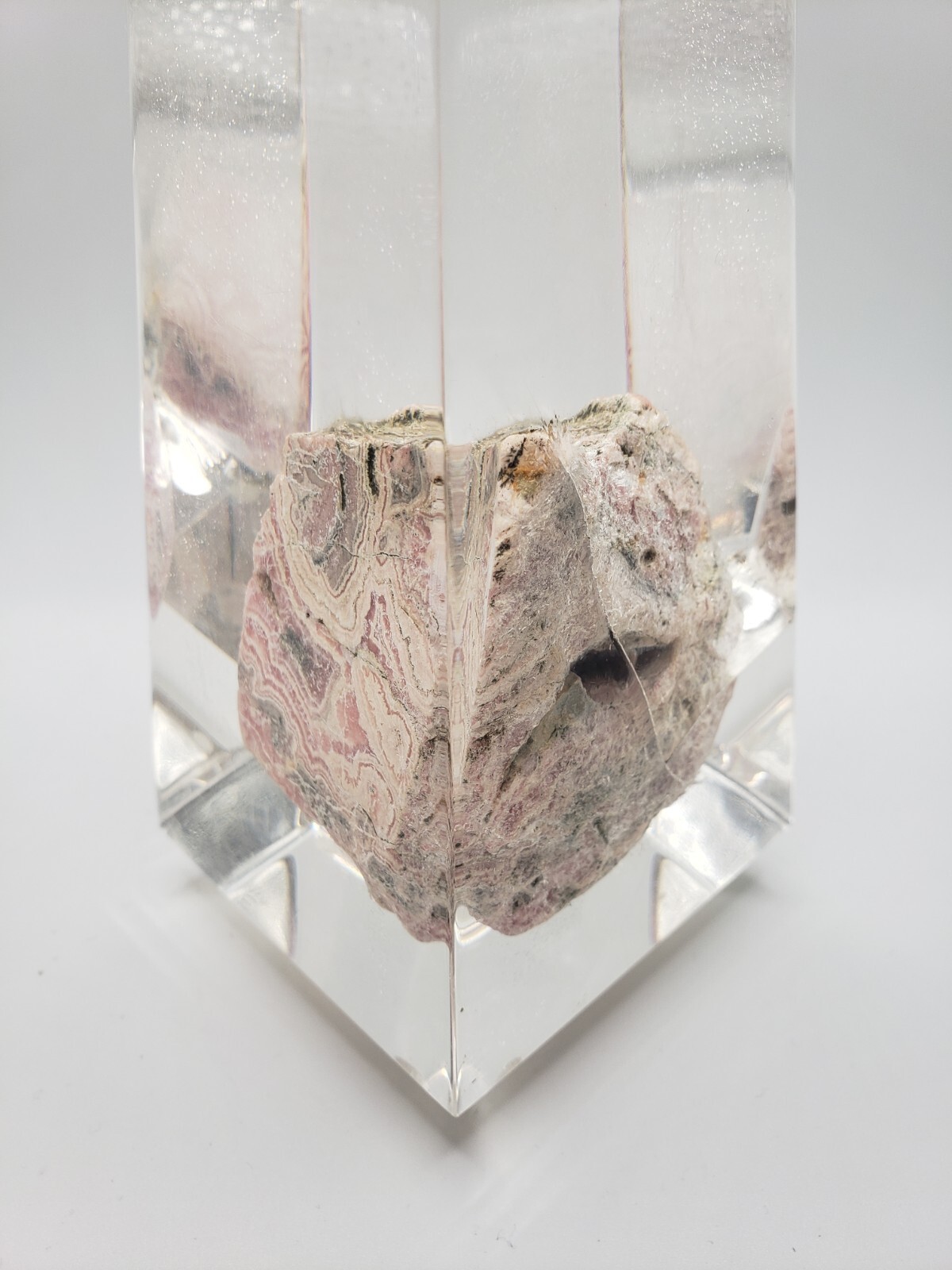 Rhodochrosite Stalactite Inca Rose Pink Mineral Specimen In a Lucite Sculpture