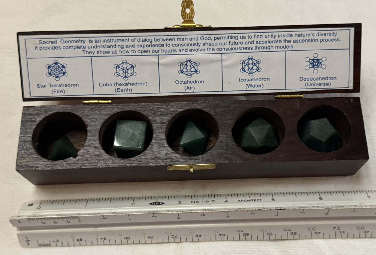 Vintage Green Indian Agate 5pc Sacred Geometry Set Platonic Solids w/Wooden Box