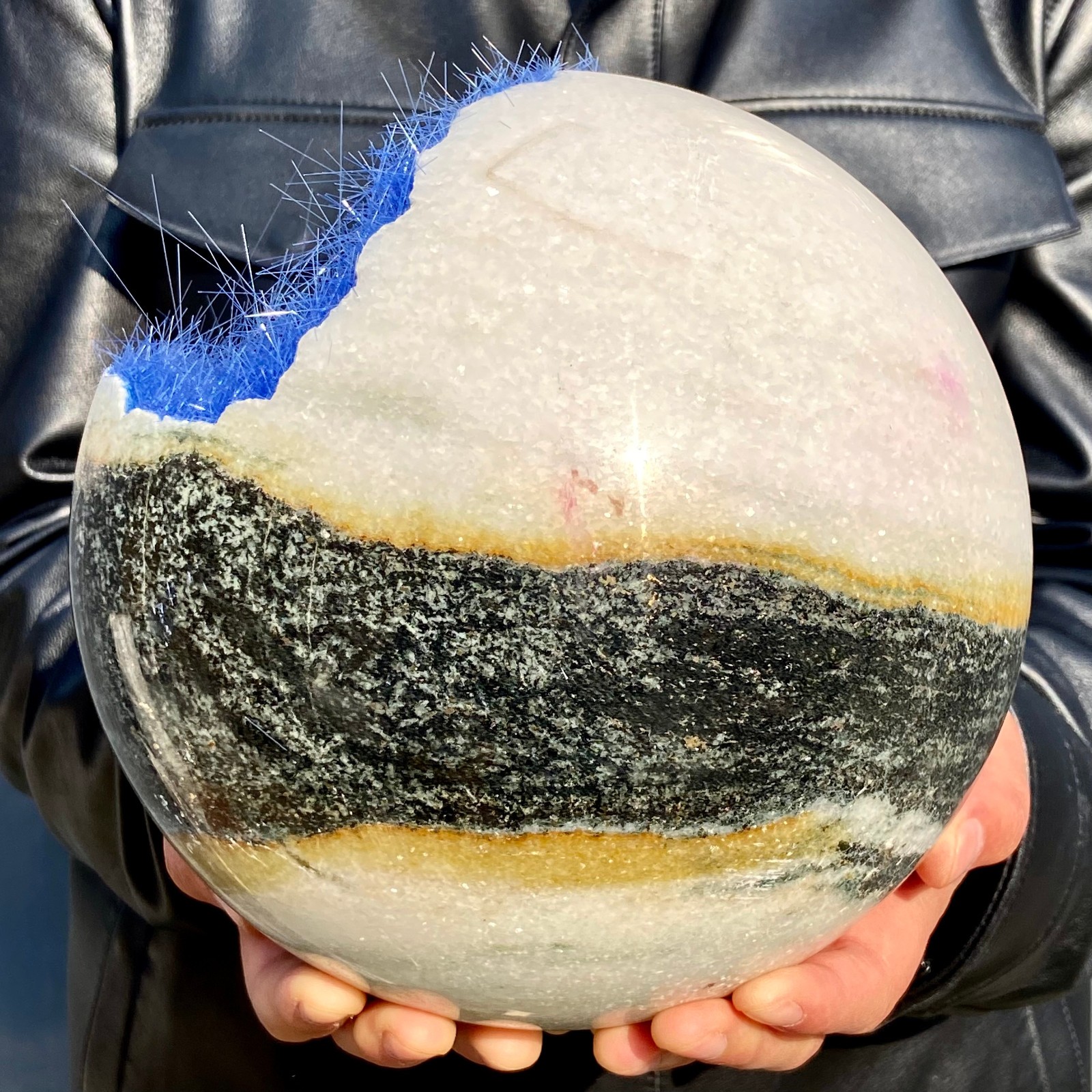 15LB Rare blue iron ore phosphate magnesium ore smiling crystal ball for healing