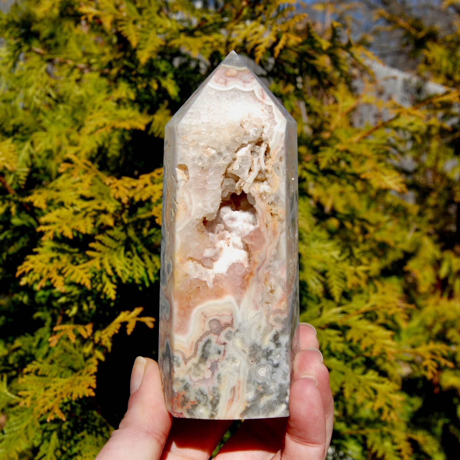 5.25in 1.2lb Pink Crazy Lace Agate Crystal Tower, Mexico