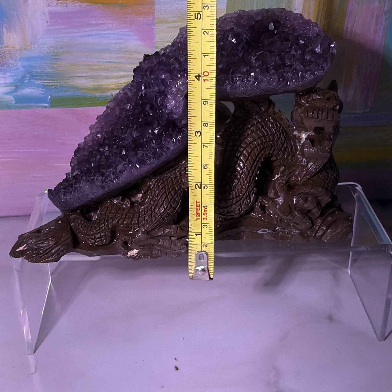 Purple Amethyst Cluster Crystal Mineral Display Specimen on Carved Dragon Stand