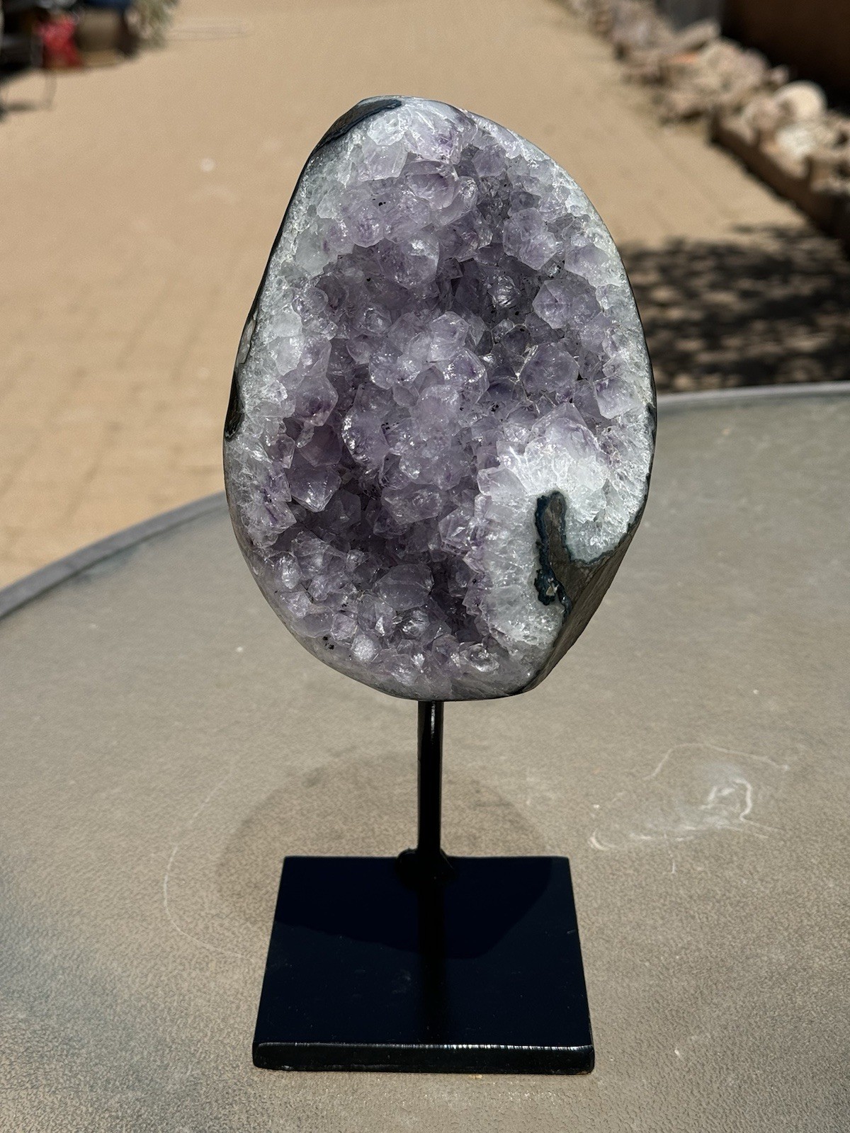 Purple Lilac & White Quartz Amethyst Geode Piece on Stand, 11″ Tall