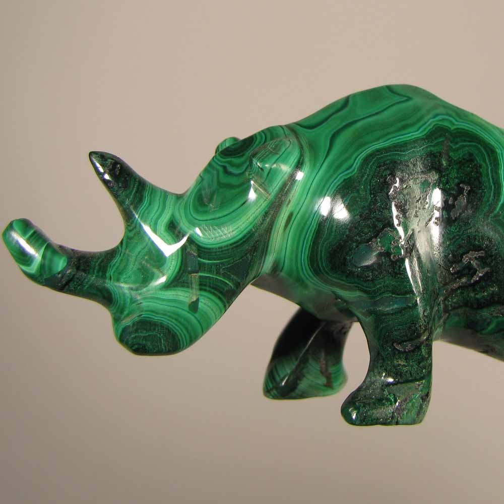 4.3″ Handcarved MALACHITE RHINOCEROS Gemstone Animal Carving – Congo, Africa