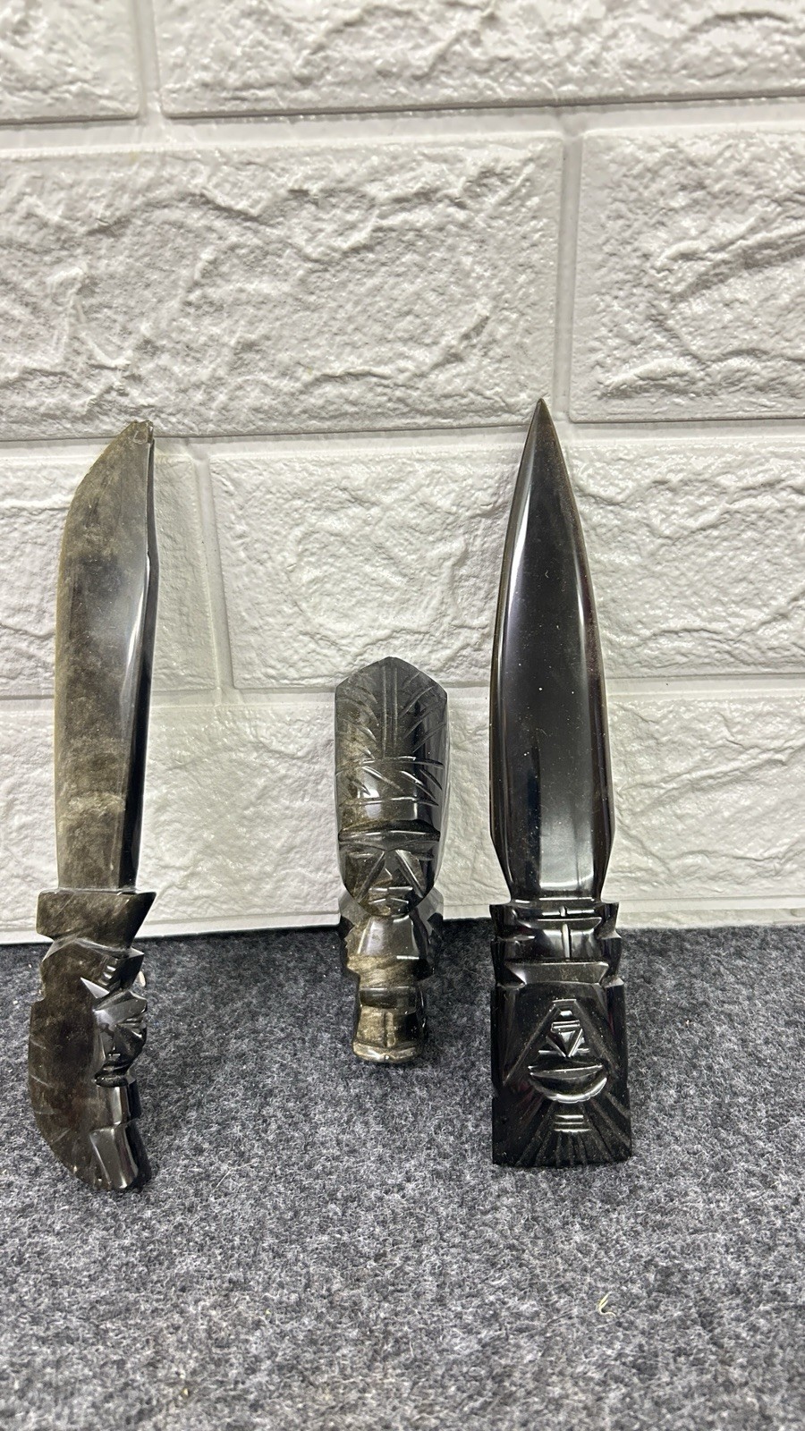 Golden Sheen Obsidian Mayan Aztec Figure 2 Knives Carved Quartz Crystal Mexico