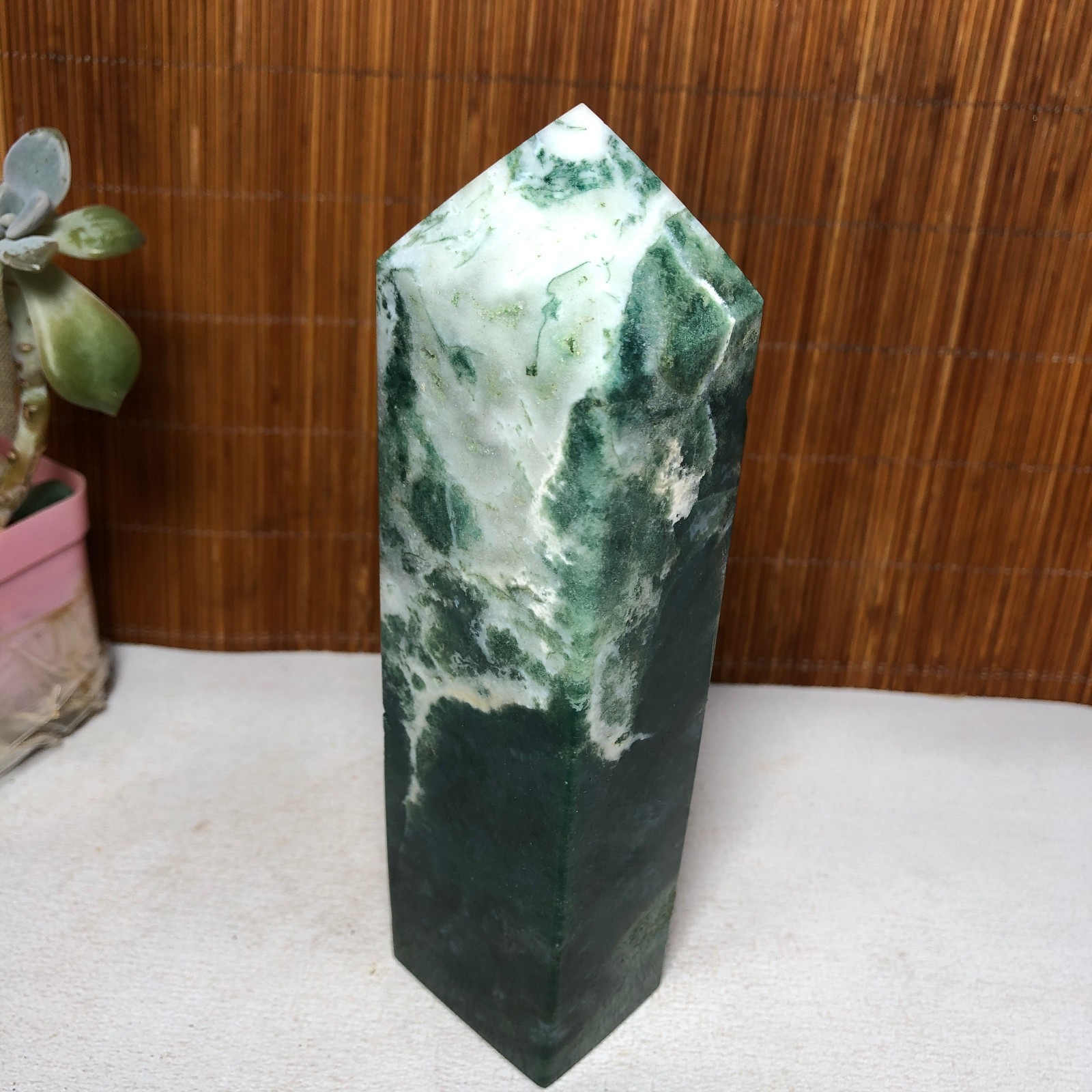 150mm Natural Polish Moss Agate Multiple veins Crystal Wand free standing A2284