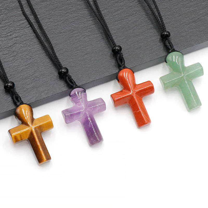 Natural Quartz Crystal Gemstone Crucifix Pendant Healing Reiki Necklace Amulet