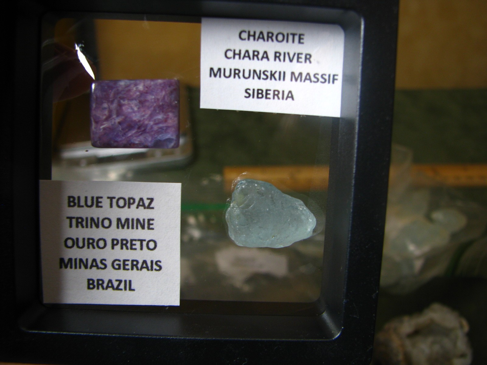 2 THUMBNAILS CHAROITE-SIBERIA BLUE TOPAZ-BRAZIL IN DISPLAY CASE #222