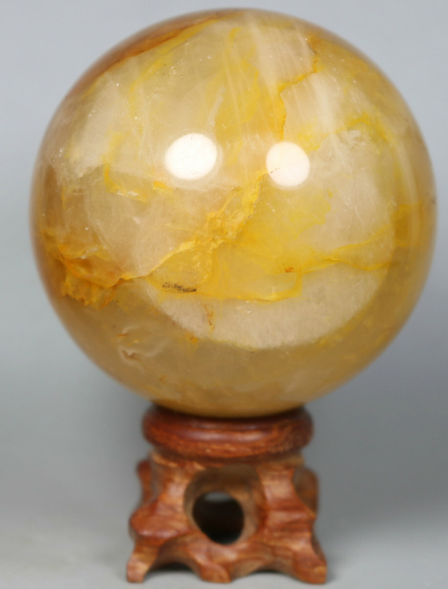 NATURAL Yellow PHANTOM MULTI-INCLUSIONS Quartz Crystal Stone Sphere Ball / Stand