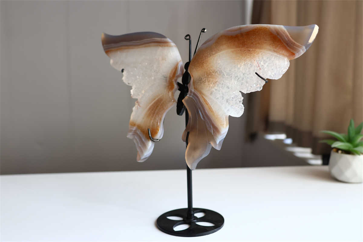 730g Natural Geode Agate Carved Butterfly Wing Reiki Crystal Decor Gift + Stand