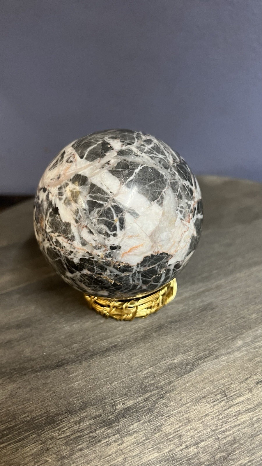 Polished Spider Web Zebra Jasper sphere- 10.3 oz