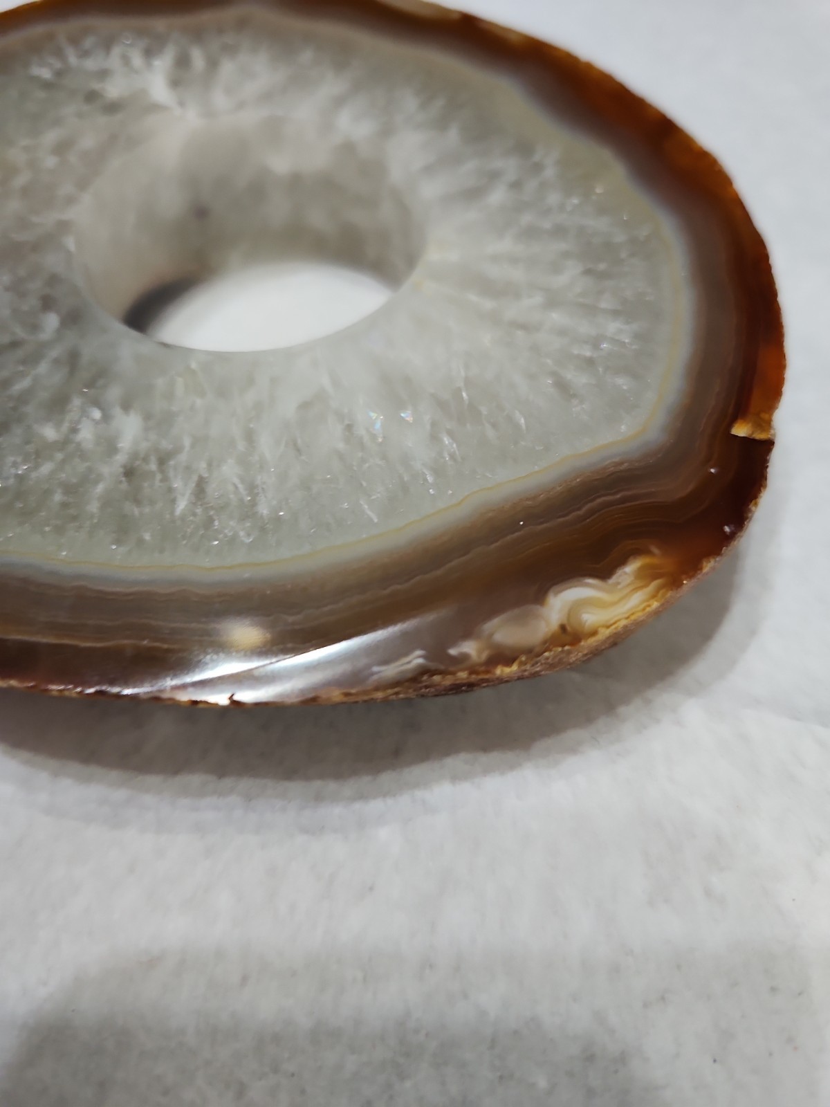 Polished Agate Geode Thick Slice 1.5 Inch Drilled Hole Brown And Clear 5×1 Inch