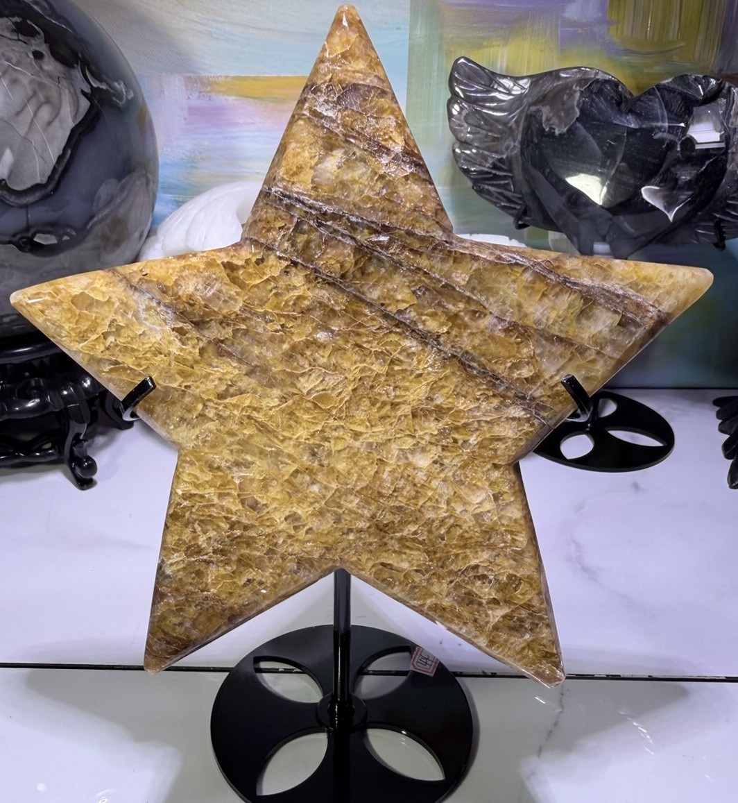 Honeycomb Star-Shaped Yellow Crystal Decorator Piece on Stand, Approx. 8″
