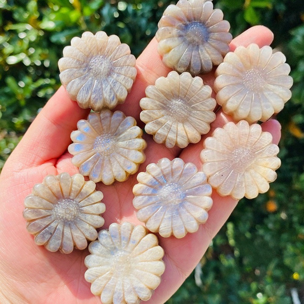 Natural Moonstone Quartz Hand Carved Sunflower Reiki Healing Crystal Craft 5pcs