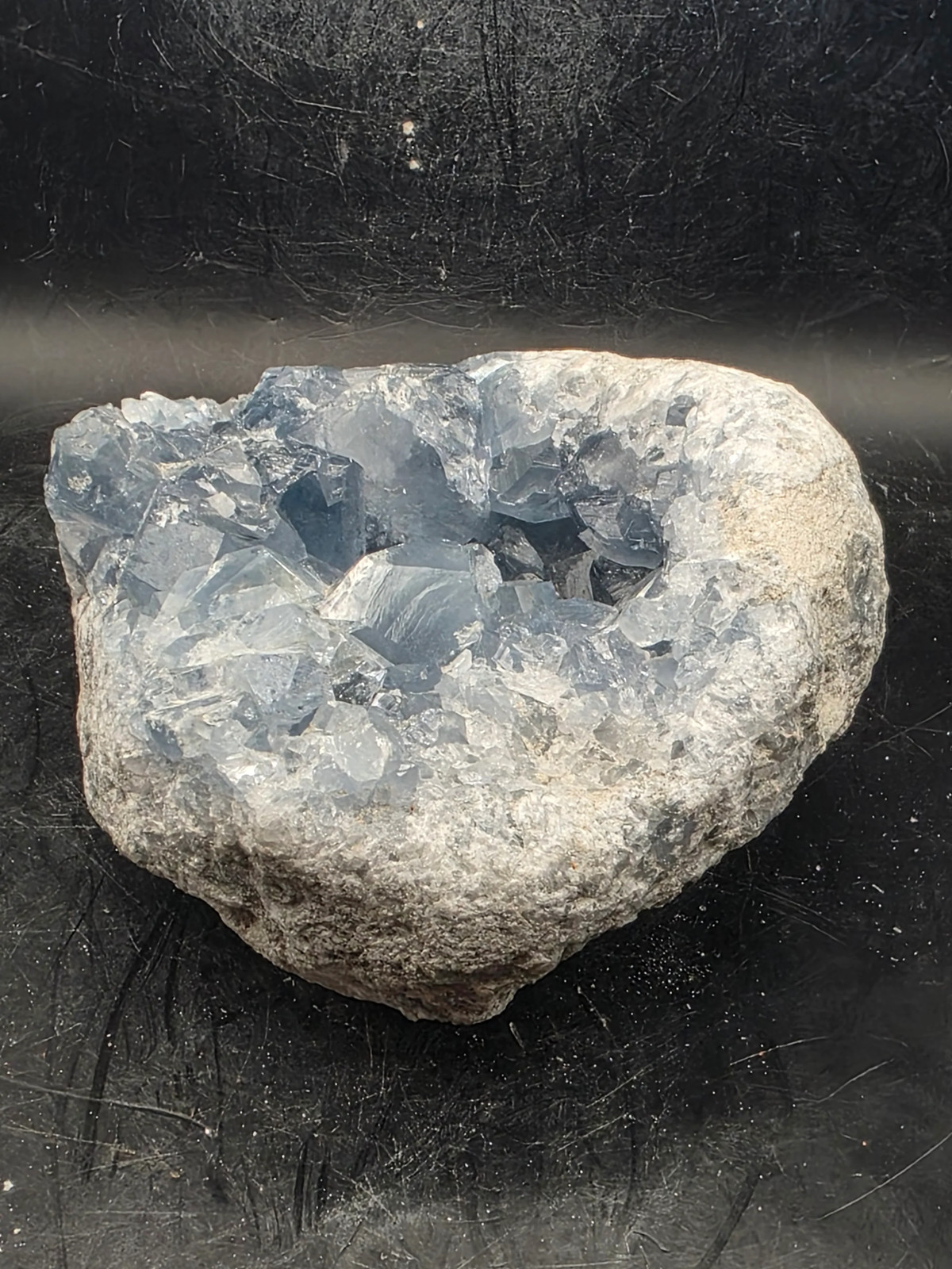 Large blue calcite geode! 2.2 pounds, 3.9 inches wide