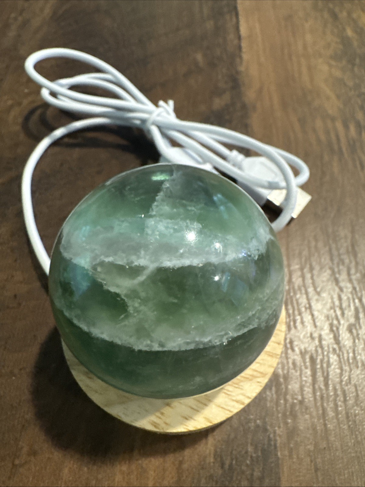 Green Flourite Crystal Sphere On Lighted Stand 200 Grams 49 mm
