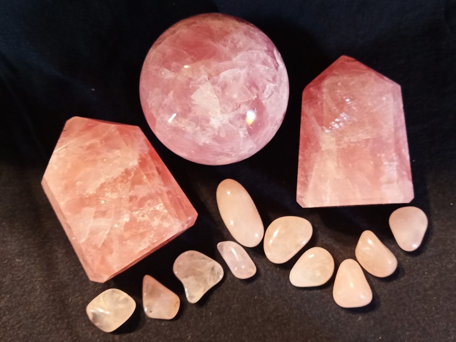 Brazil Rose Quartz Collection, Sphere 62mm, 2 Pillars, 10 Pocket Stones, Gemmy!