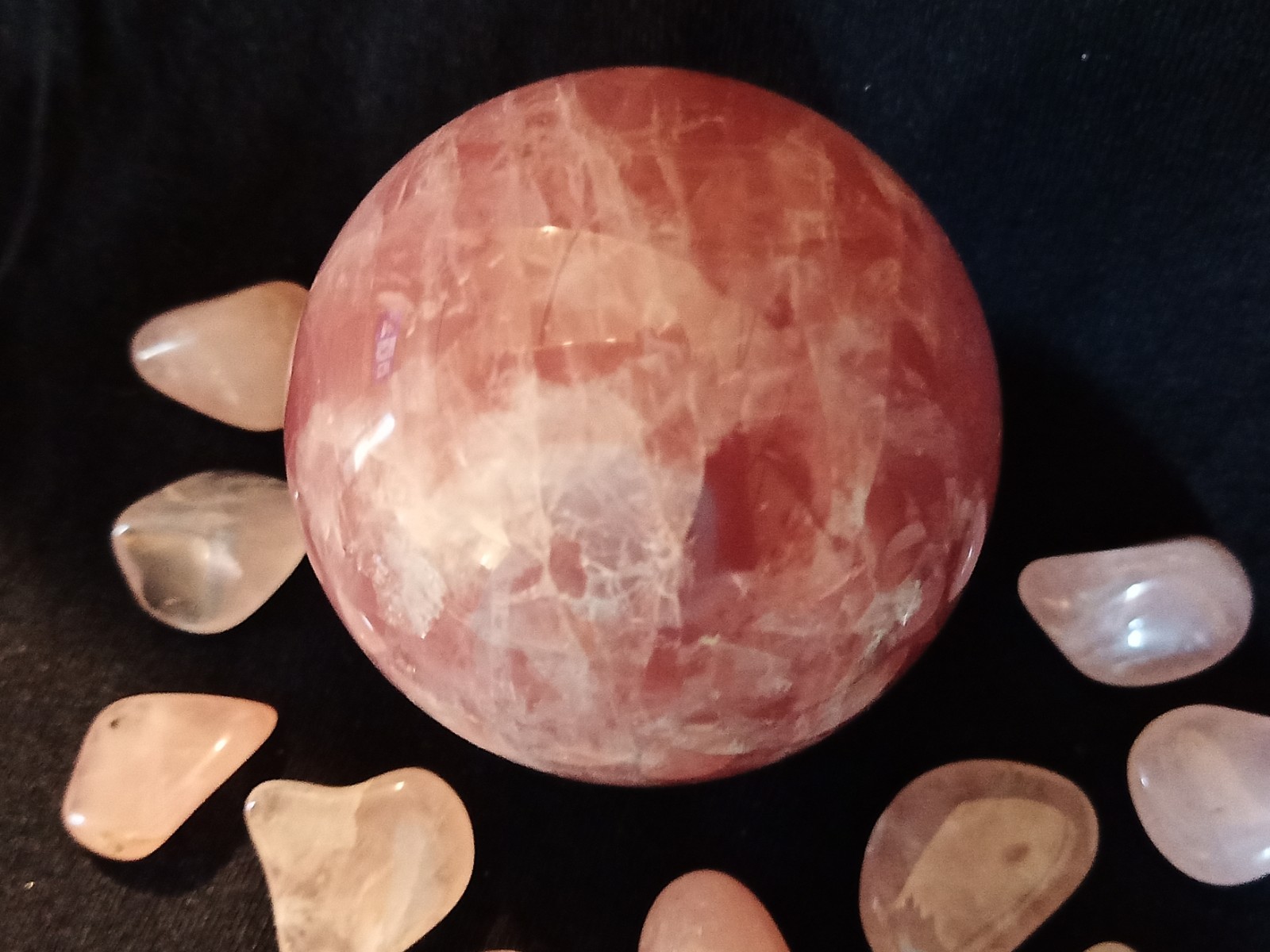 Brazil Rose Quartz Collection, Sphere 62mm, 2 Pillars, 10 Pocket Stones, Gemmy!