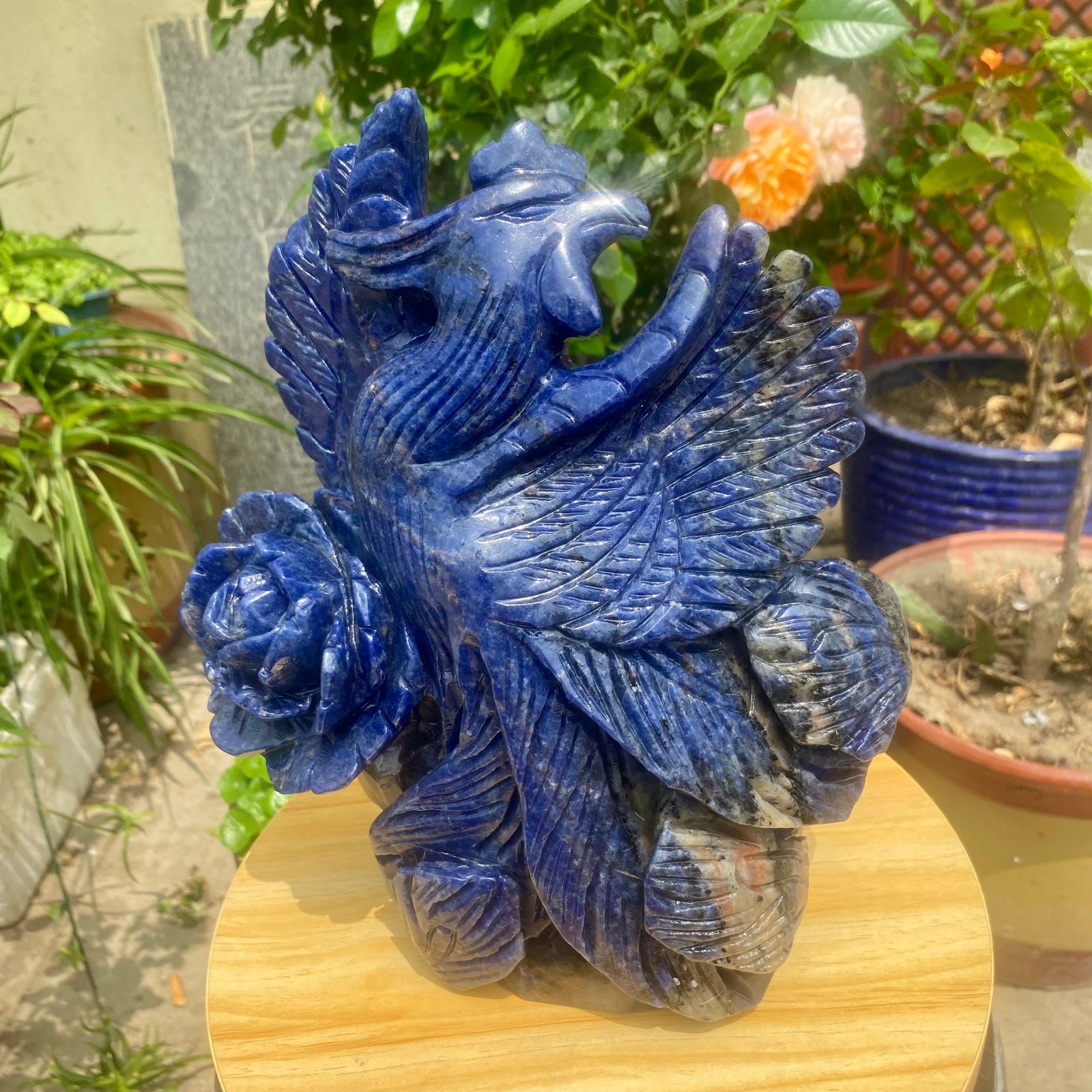 7.71LB Natural Blue Vein Stone Phoenix Carving, Home Decoration