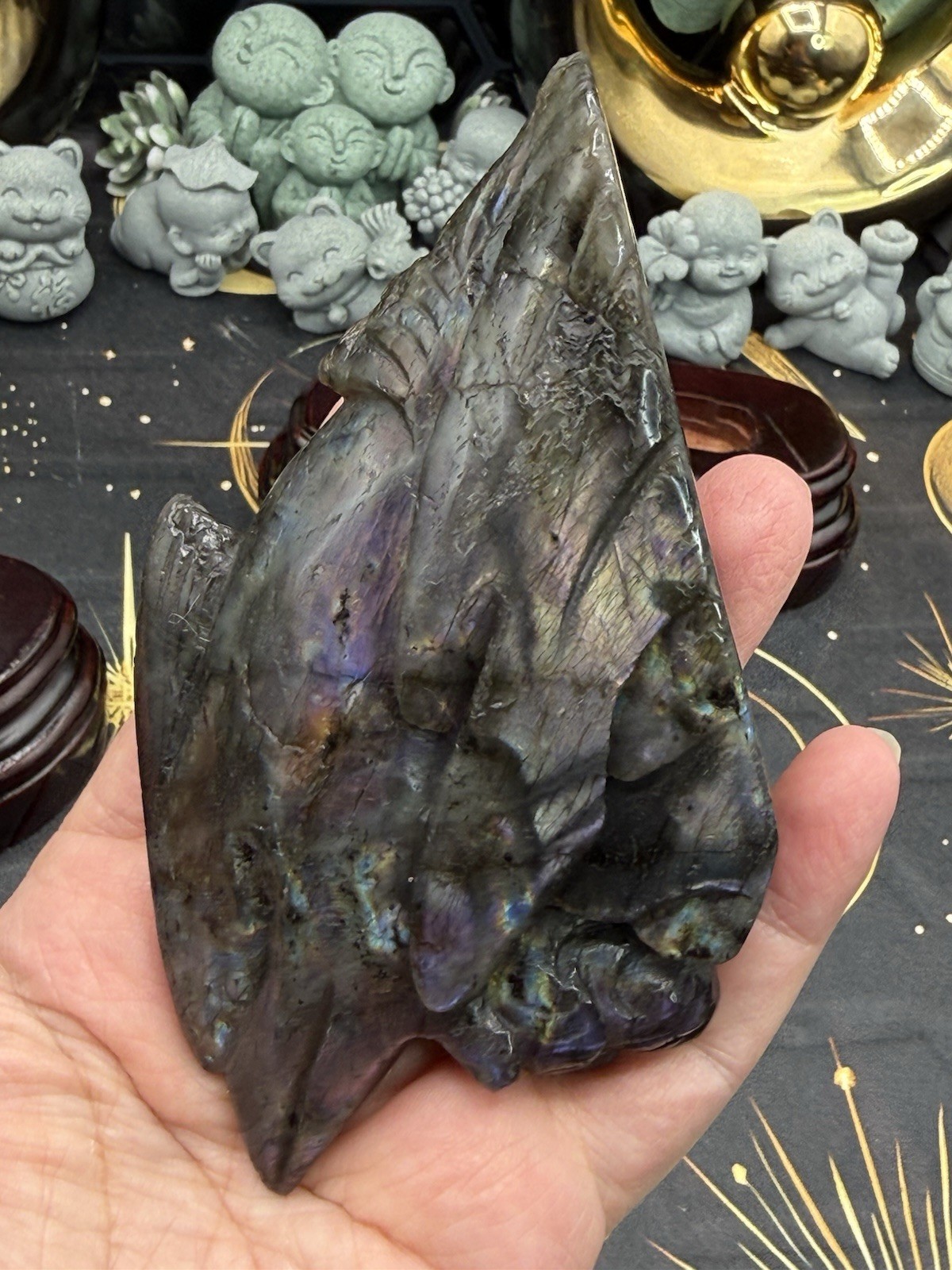 Natural Labradorite harbor porpoise Carving w/ custom stand Rainbow/Purple Fash