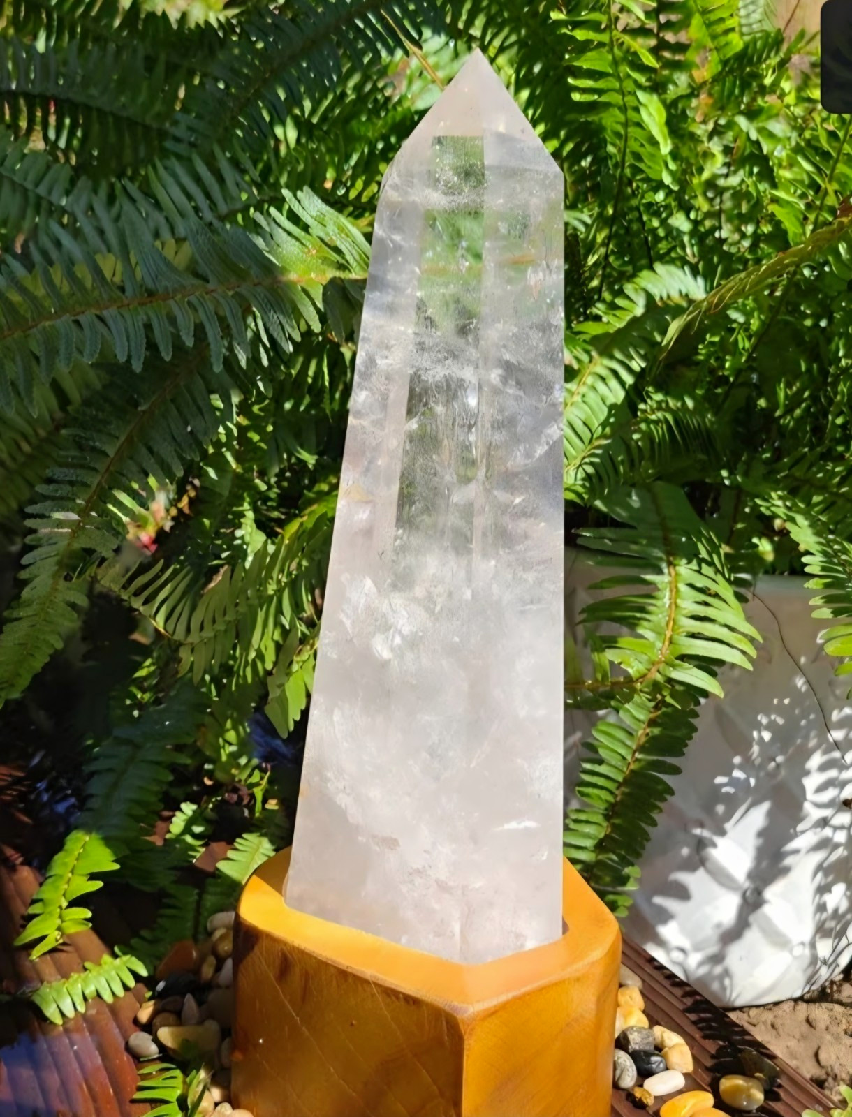 Clear Quartz Crystal Point/Tower Display Specimen w/ Wooden Stand, 12 in.
