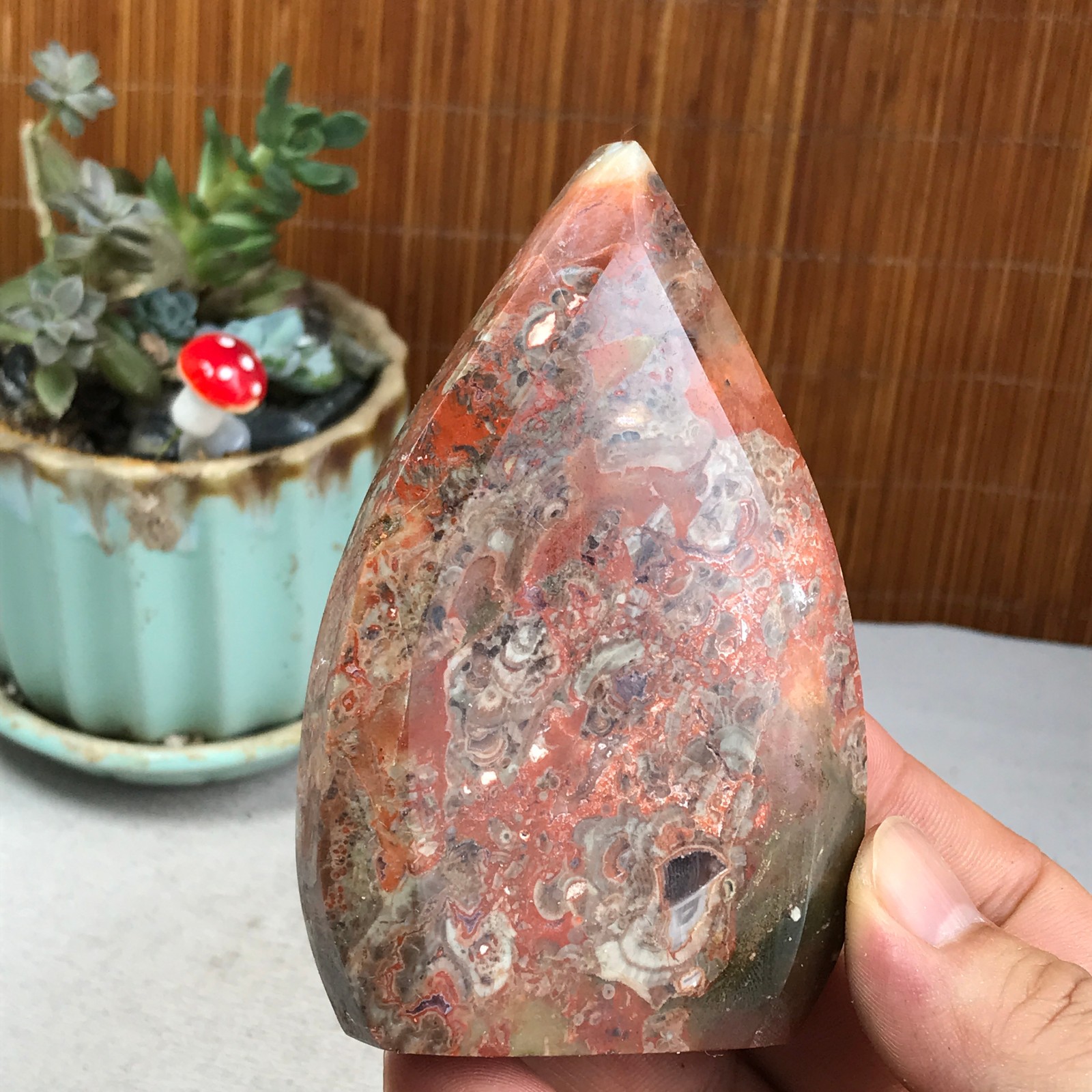 Natural money Mexico agate hand carve leaf Crystal Specimen free standing A6274