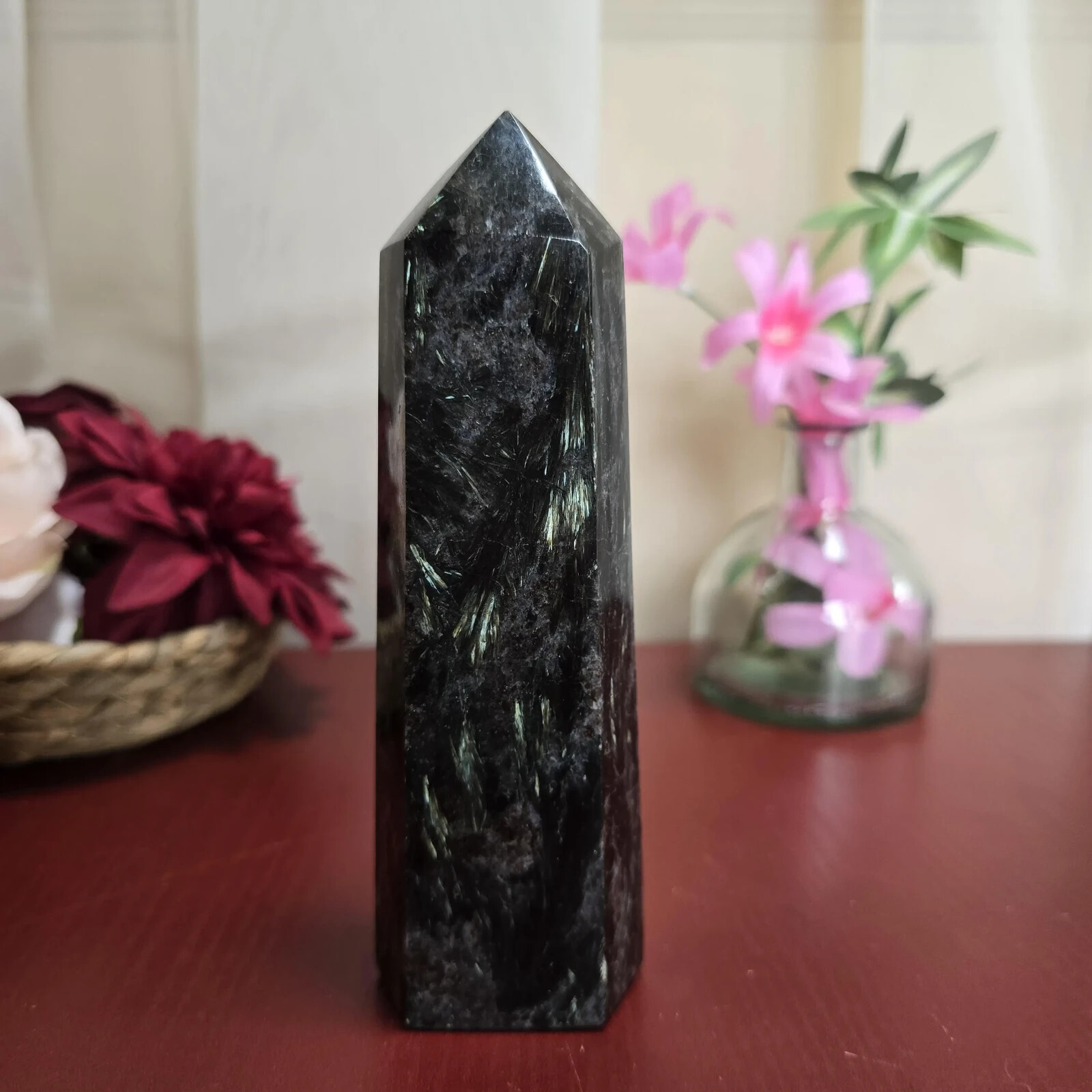 Natural Rare Arfvedsonite Tower Point Hexagon Polished Wand Obelisk Stone Decor