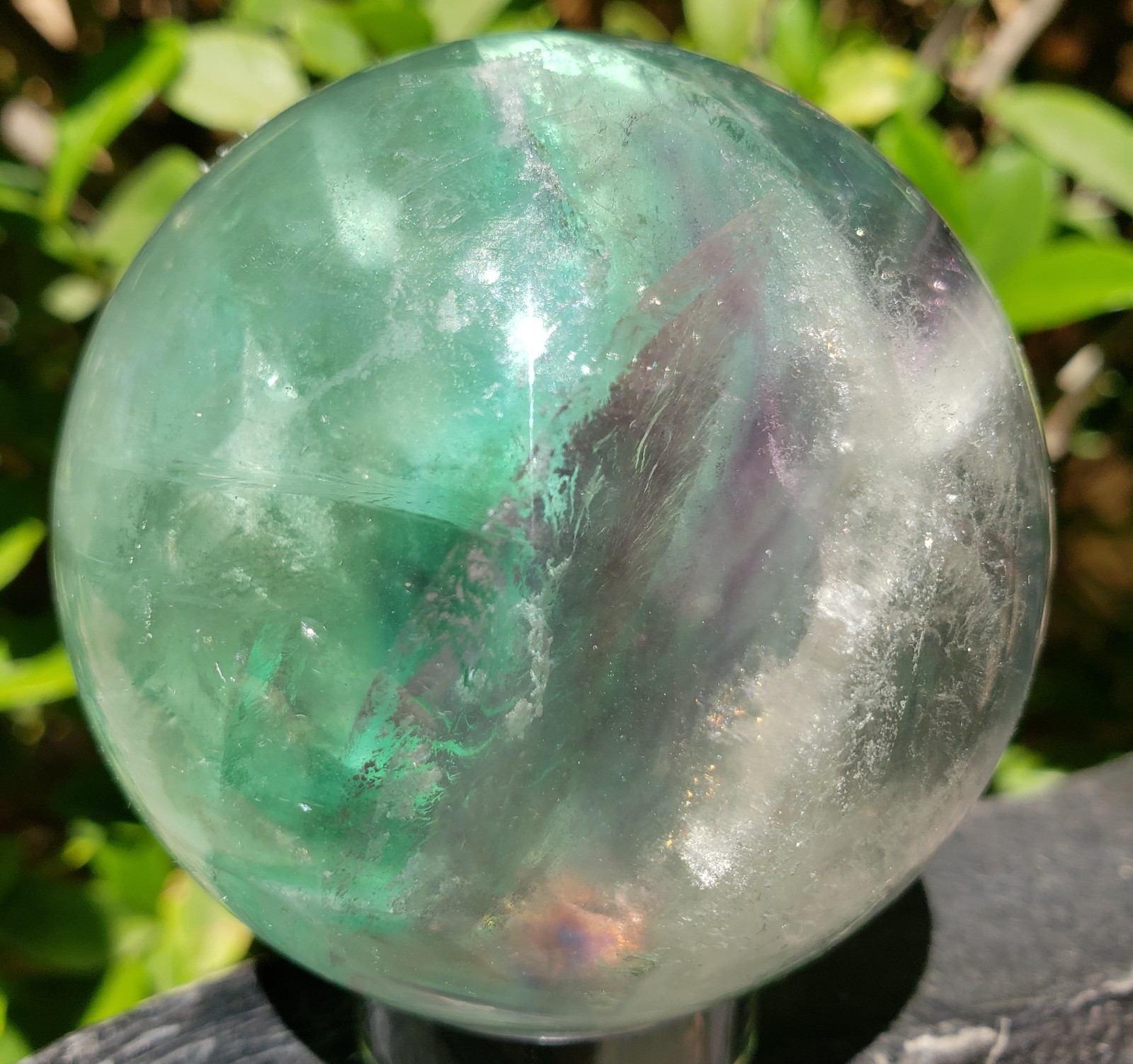 2.6″ Green and Purple Fluorite Quartz Crystal Sphere Ball Orb Rainbow UV, 488g