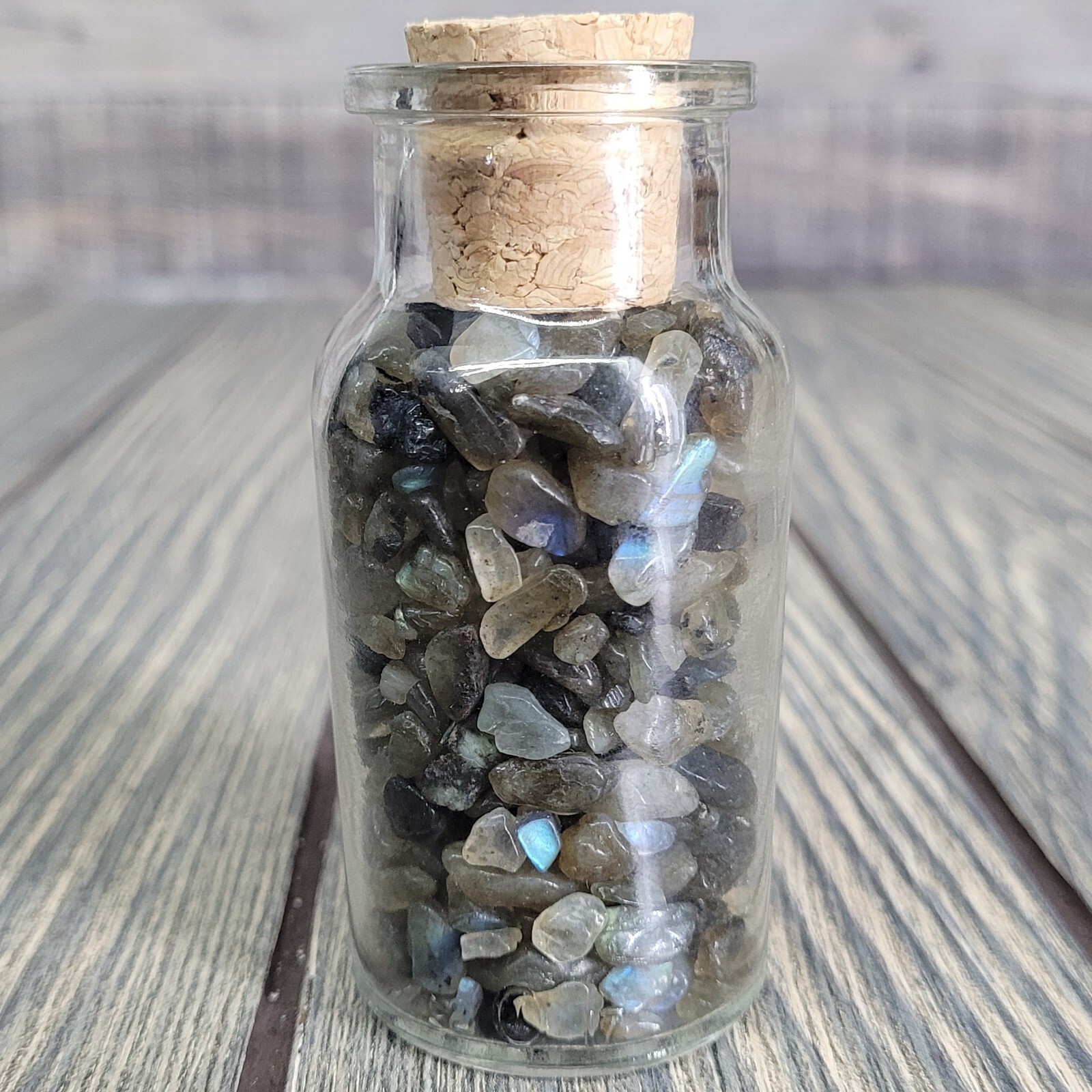 Labradorite 1/4lb Tumbled Crystal Chips in Vintage Apothecary Glass Jar Wagner