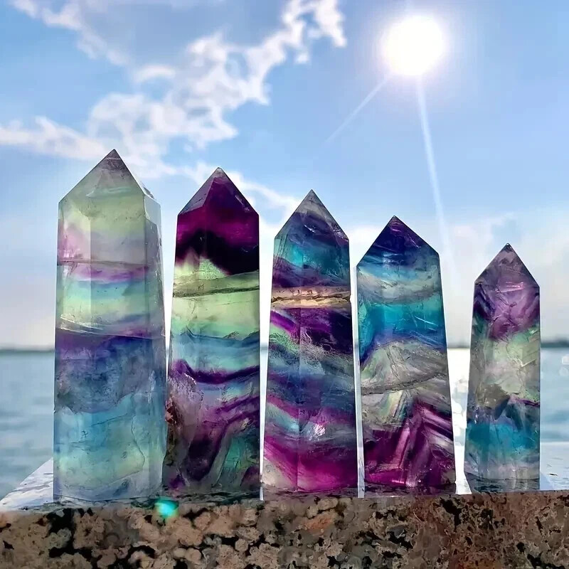 Natural Rainbow Fluorite Healing Crystal Tower Point Obelisk Mineral Specimens