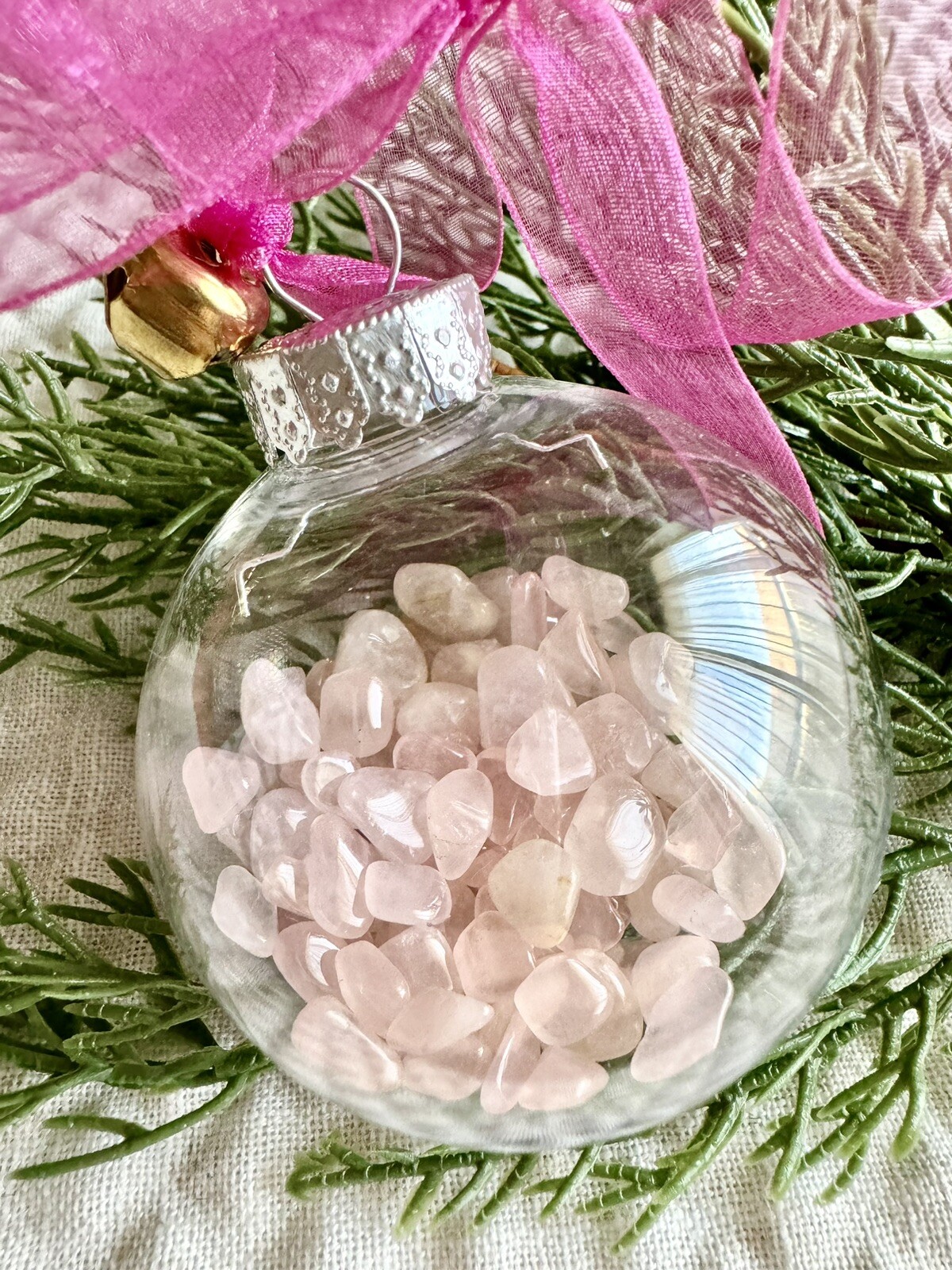 New Pink Christmas Ornament w/ Mini Natural Rose Quartz Crystal Gemstones 1/8 lb