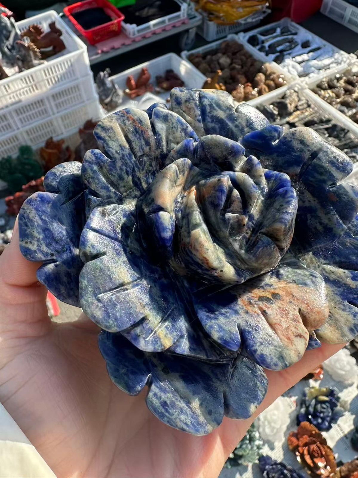 1pc Natural Sodalite Quartz Carved Flower Skull Crystal Reiki Decor Gift