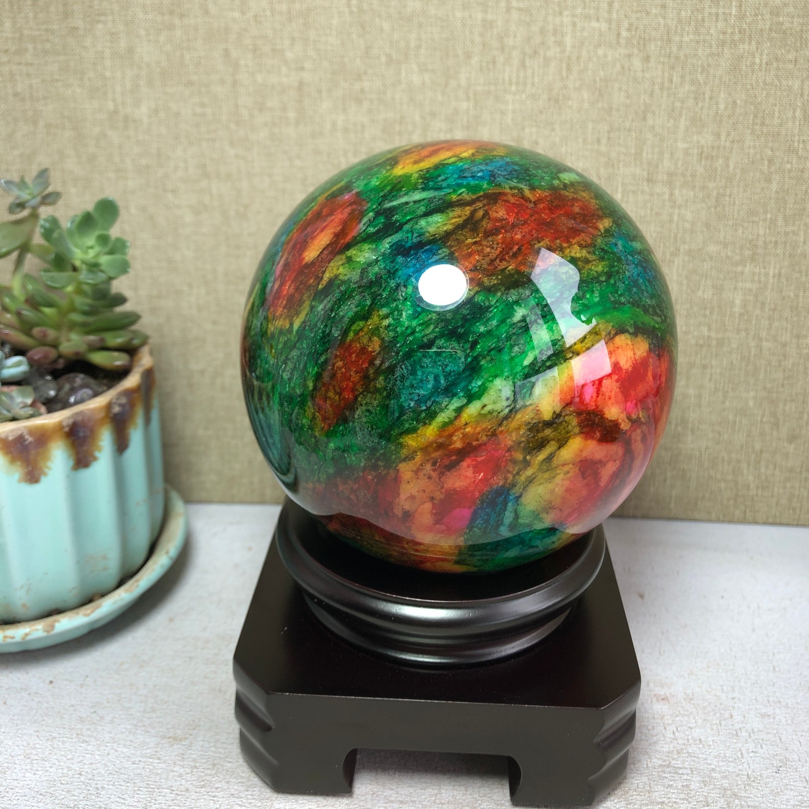 Natural “Seven Colors Jade” sphere flat bottom specimen Taiwan China 99mm A4579