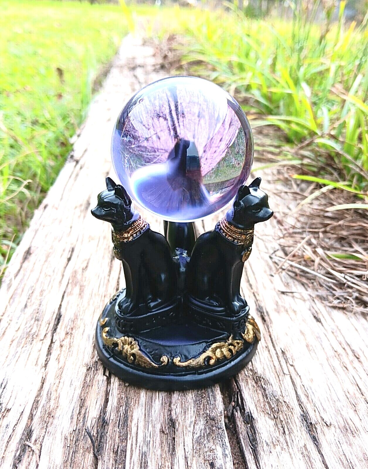 K9 50mm Crystal Ball & Egyptian Bastet Cat Resin Stand – 8 Colors