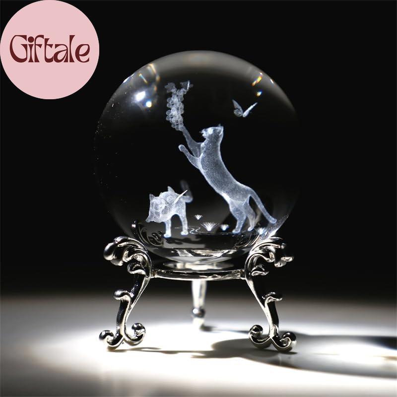 60Mm Crystal Ball with Stand – Laser Engraved Cat Sphere 3D Glass Ornament & Pap