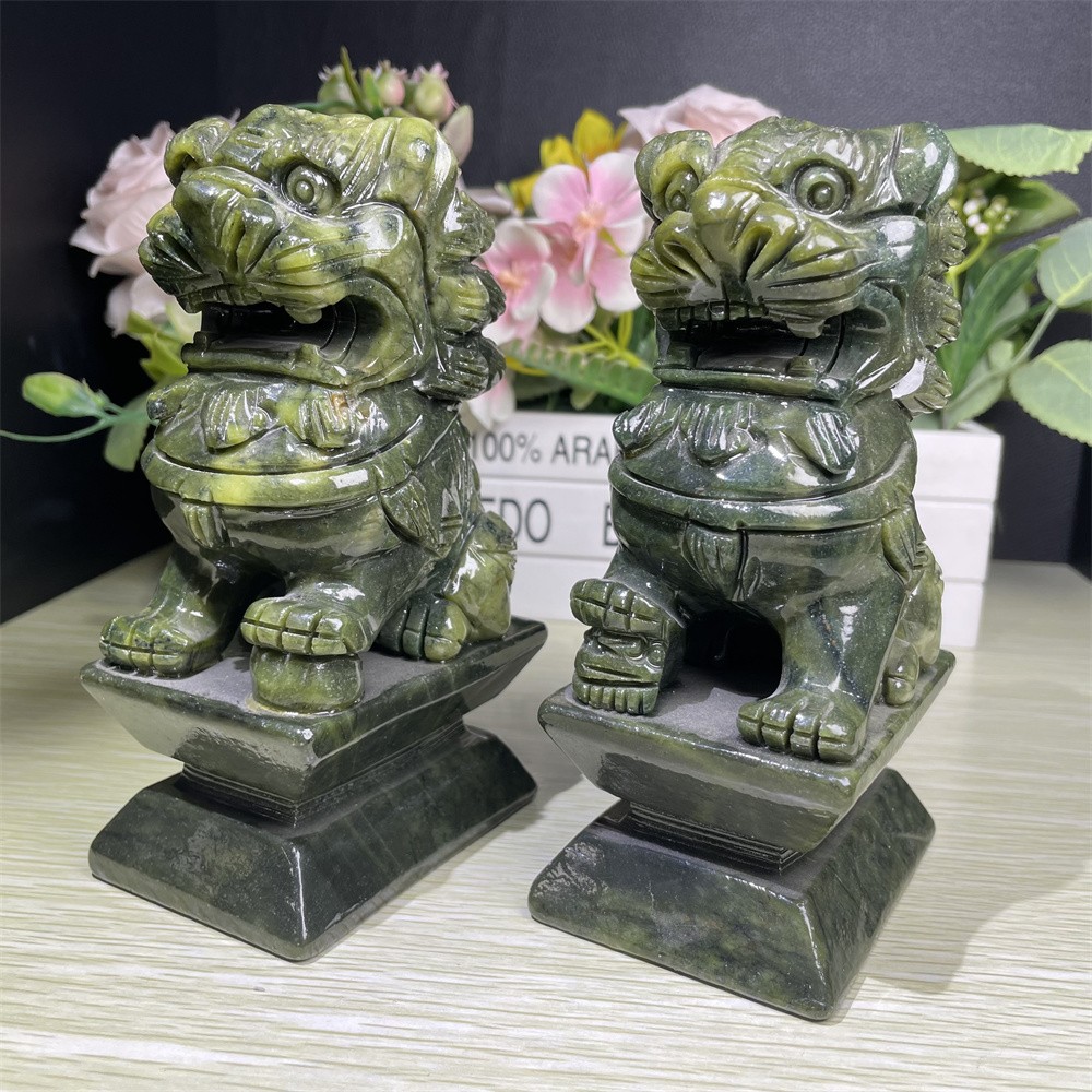 4.9LB 5.5″ Natural Xiuyan Jade Stone Lions Ornament Quartz Crystal Carving