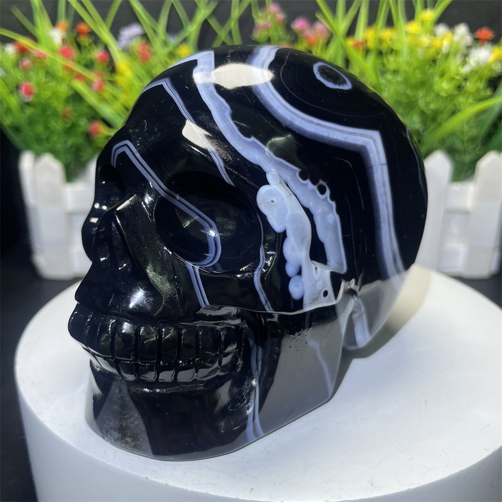2.3LB 4.5″ Natural A++ Black Sardonyx Agate Skull Crystal Quartz Decor Gift