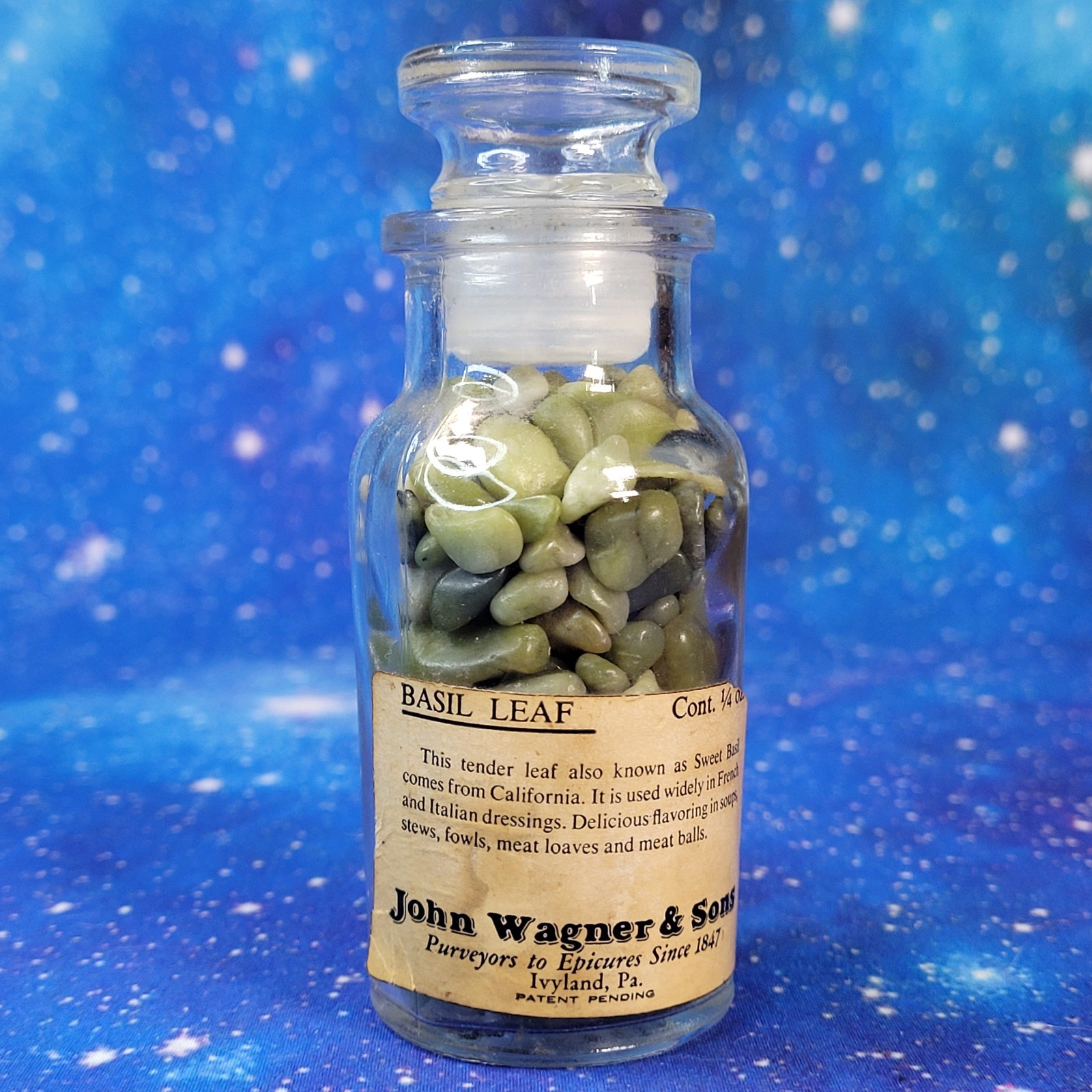 4oz Serpentine Crystal Tumbles in Apothecary Vintage Glass Jar Wagner Spice