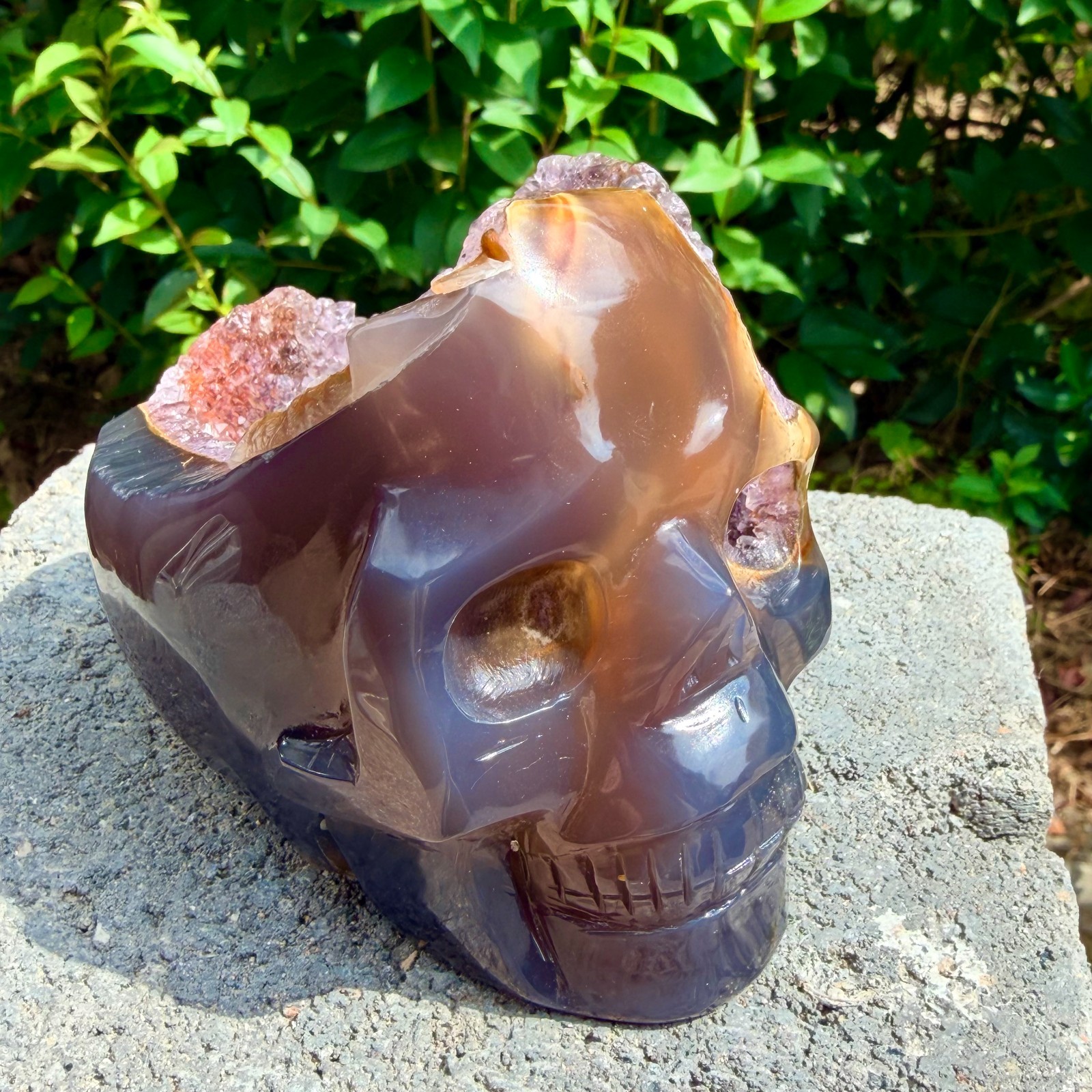 632g Amethyst agate crystal cave skull, Rare hand carved skull specimen