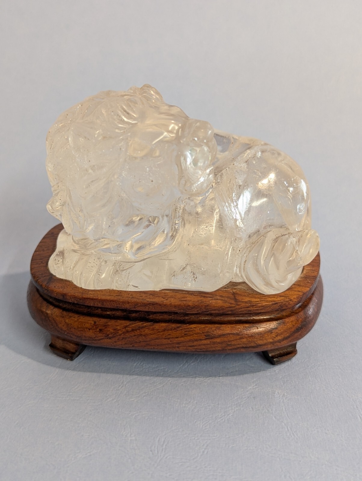 Clear quartz CRYSTAL carved LION with Cherry Wood stand Natural Mineral specimen
